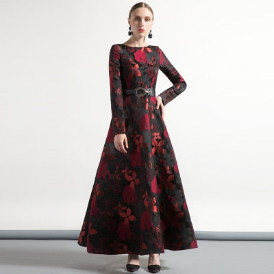 Muted Red Floral Jacquard Dress